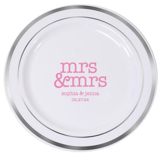 Stacked Happy Mrs & Mrs Premium Banded Plastic Plates